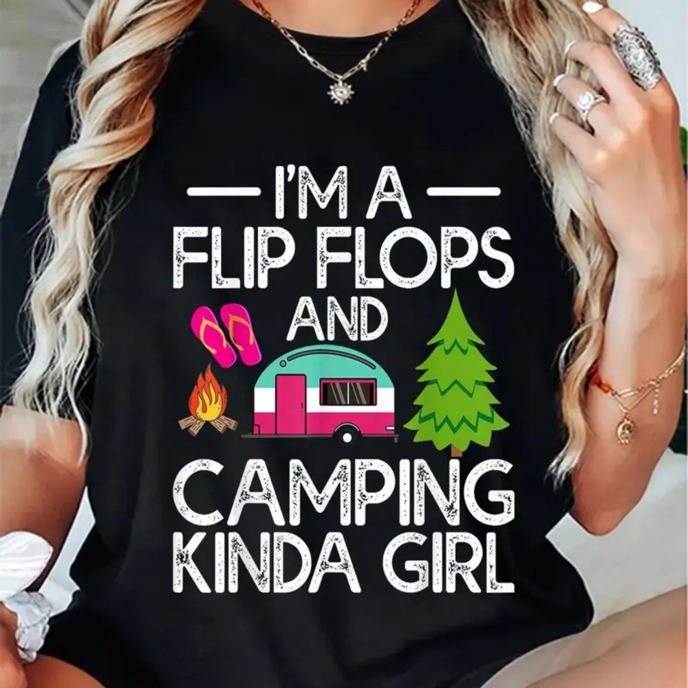 Woman’s Black Graphic Tee with Camping Print Sz XL